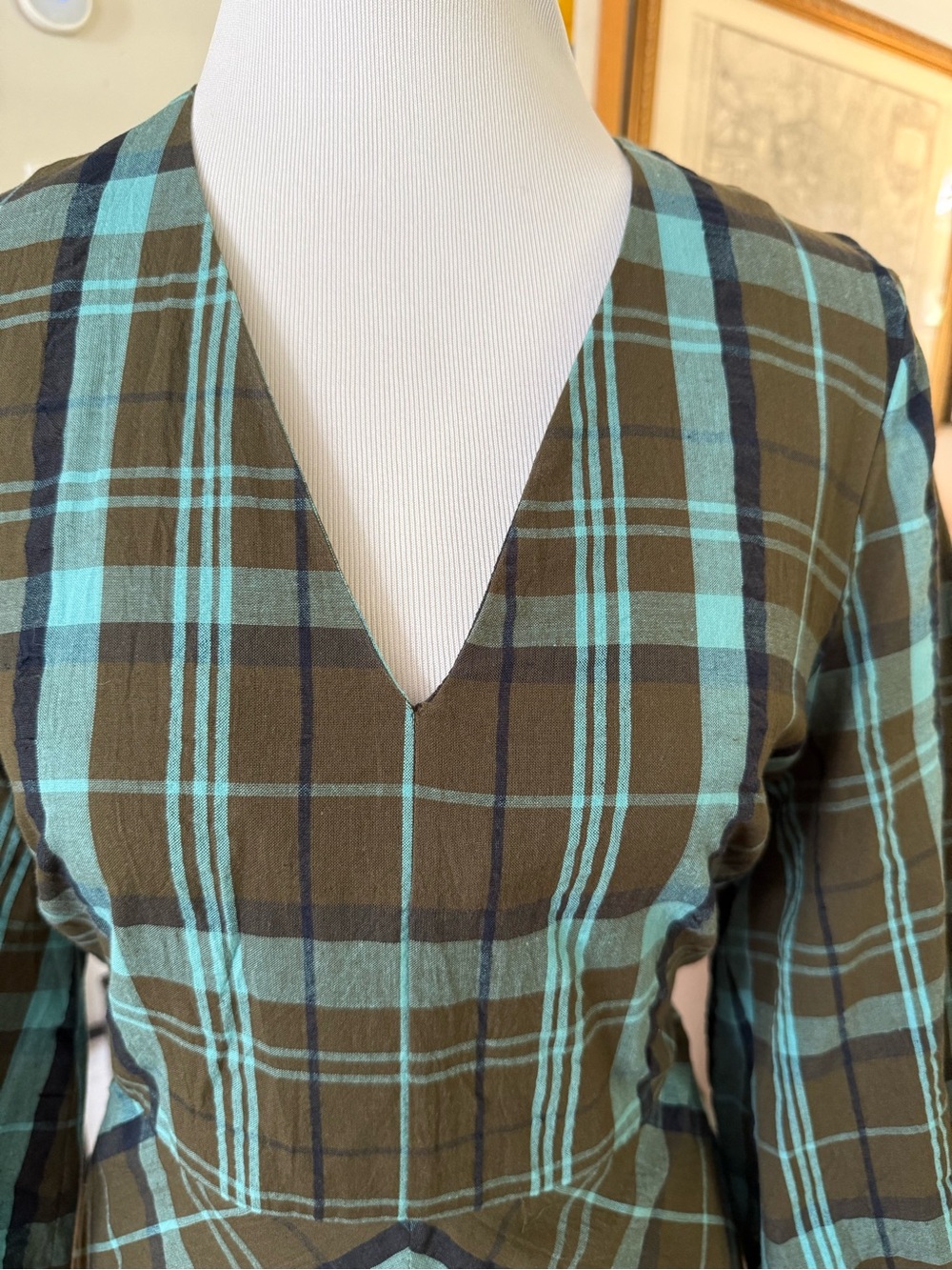 TOAST Astrid Seersucker Green & Teal Plaid V-Neck Midi Dress UK14 - Picture 3 of 7